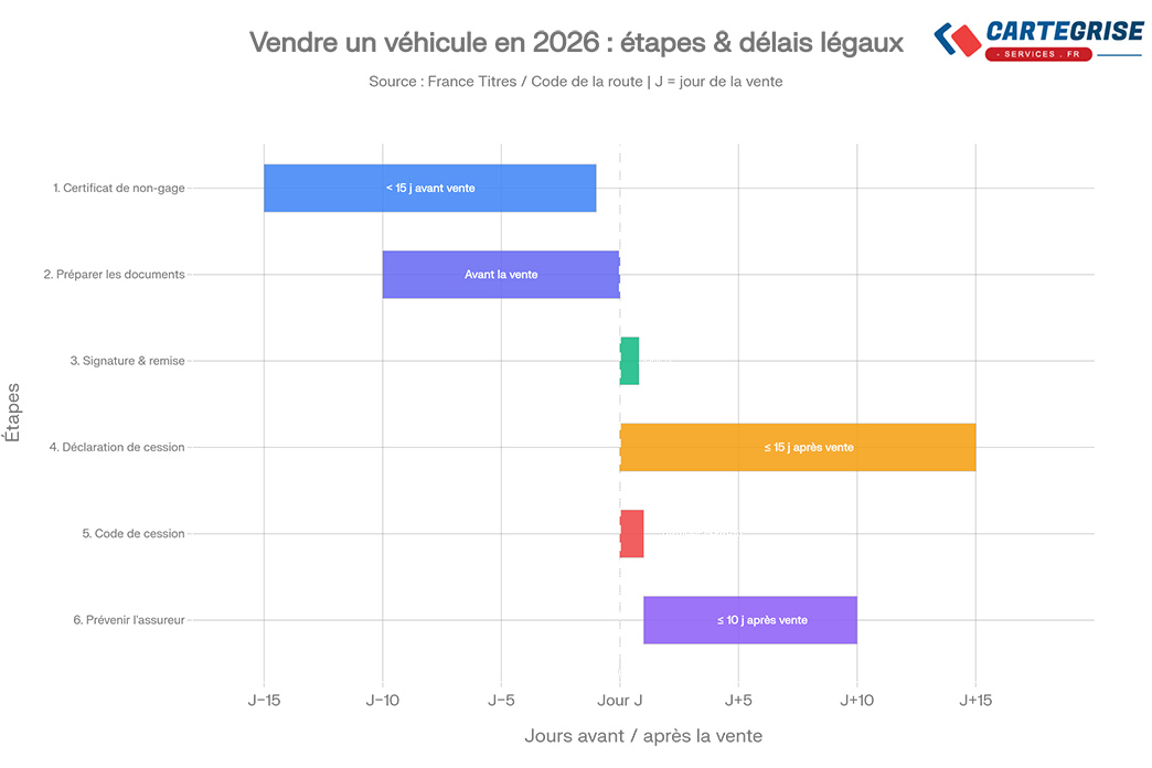 Infographie : les étapes et délais légaux pour vendre un véhicule en 2026 en France