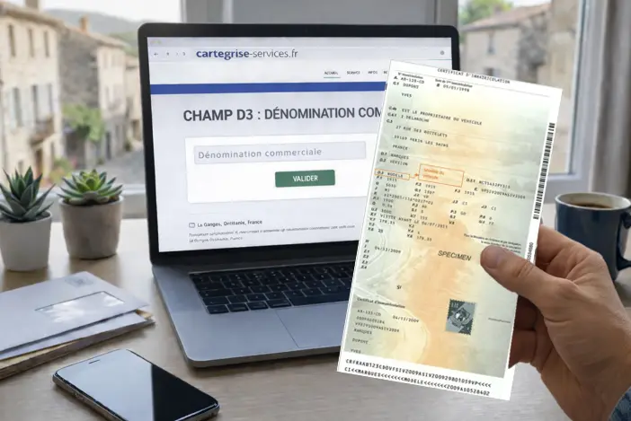 Illustration du champ D.3 sur une carte grise française montrant le nom commercial du modèle (ex: Clio, 208, Golf) avec mise en évidence jaune.