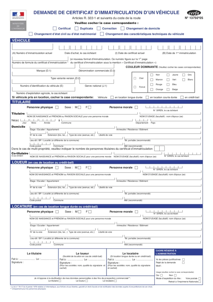 Aperçu du formulaire officiel Cerfa 13750 remplissable pour une demande d'immatriculation de véhicule.