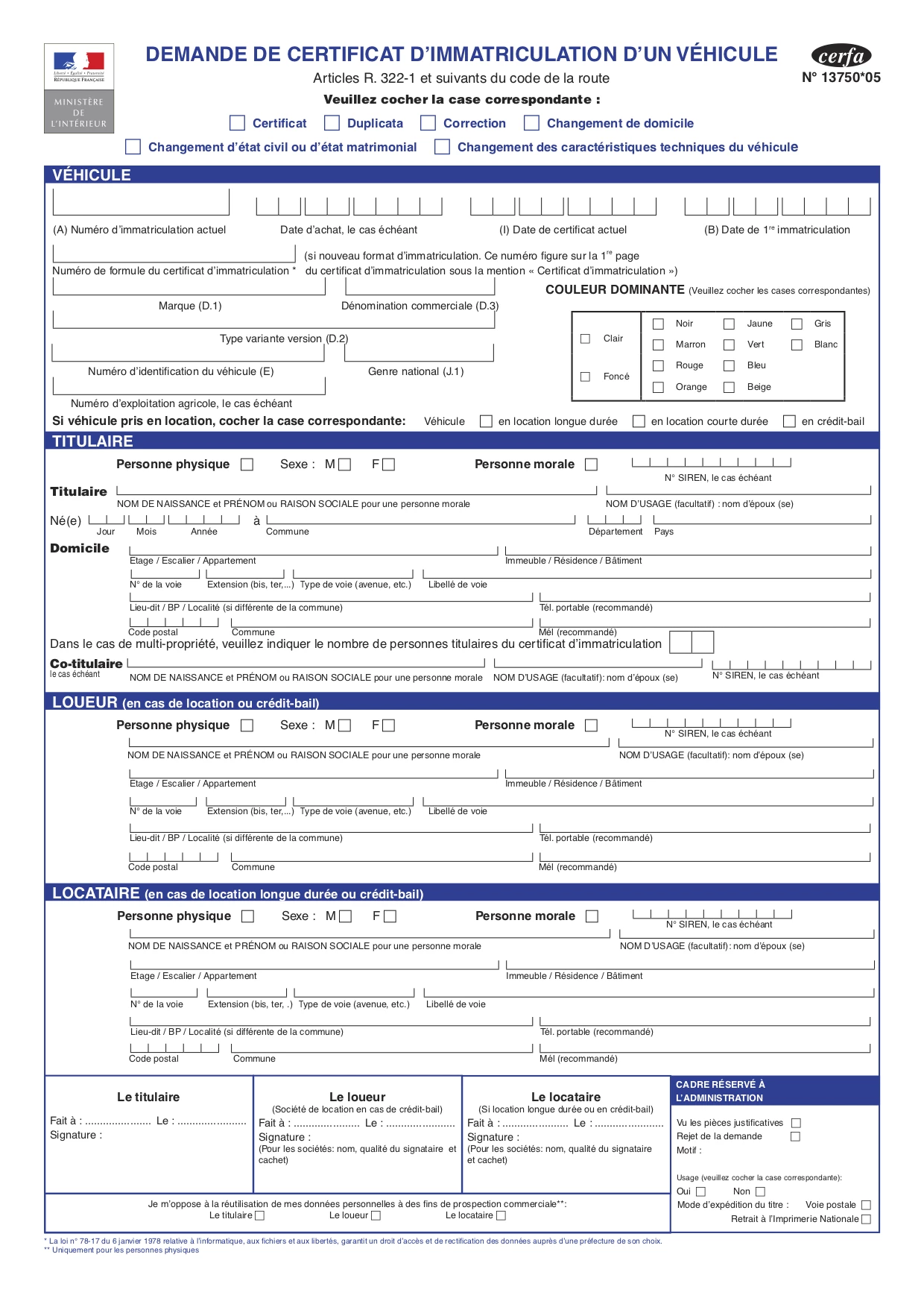 Aperçu du formulaire officiel Cerfa 13750 remplissable pour une demande d'immatriculation de véhicule.