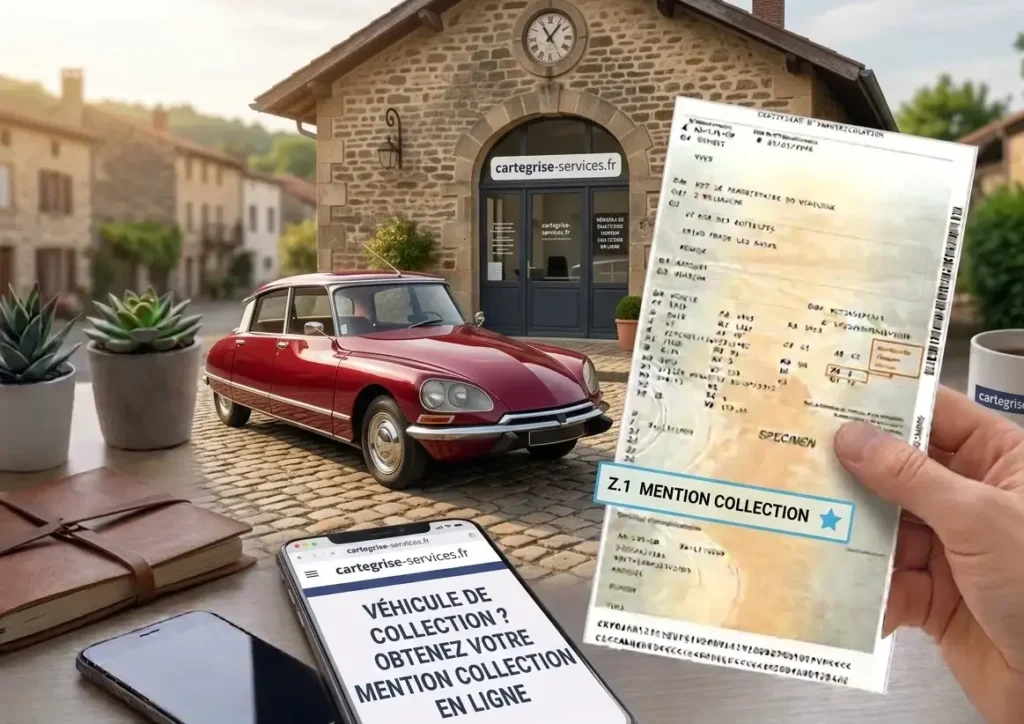 Carte grise avec la mention Z.1 Collection devant une Citroën DS rouge et un smartphone affichant cartegrise-services.fr