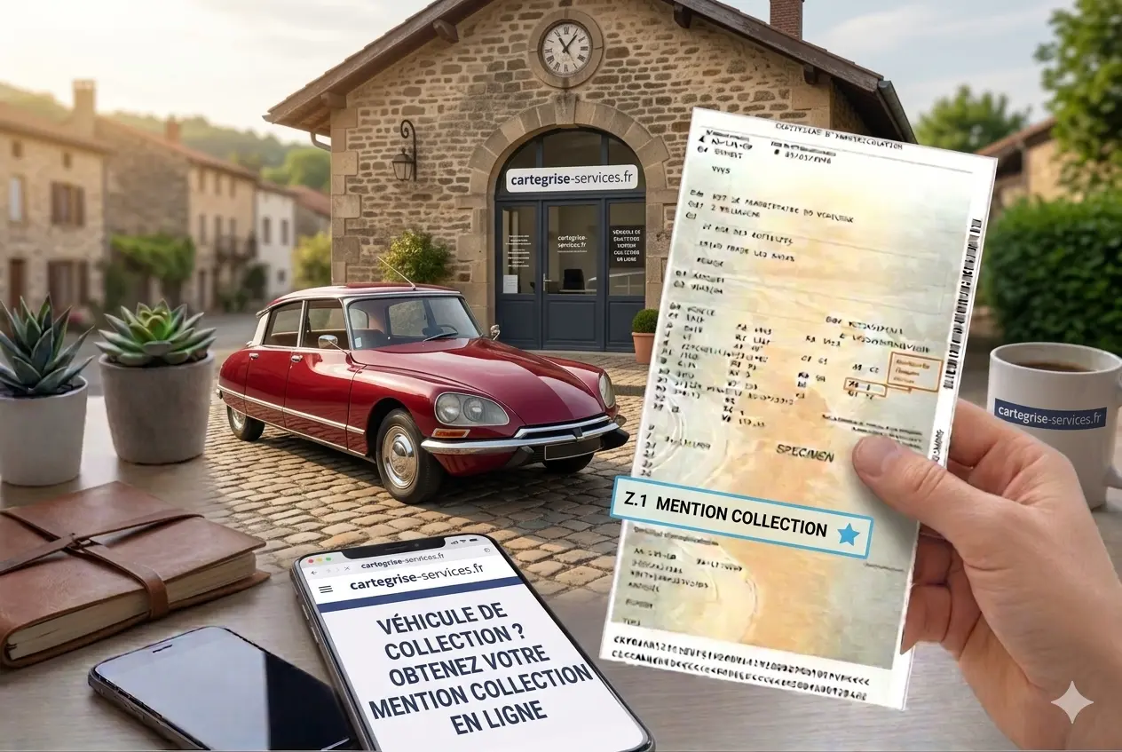 carte grise avec la mention Z.1 Collection devant une Citroën DS rouge et un smartphone affichant cartegrise-services.fr
