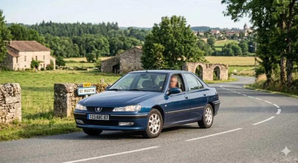 Berline bleue de plus de 10 ans circulant sur une route de campagne en France