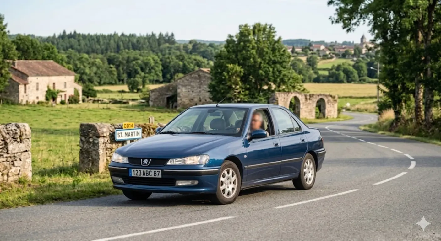 Berline bleue de plus de 10 ans circulant sur une route de campagne en France