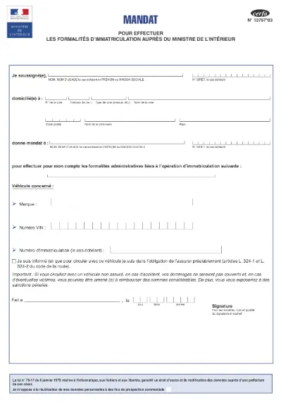 Aperçu du Cerfa 13757, le mandat permettant à un professionnel habilité d'effectuer vos démarches carte grise.