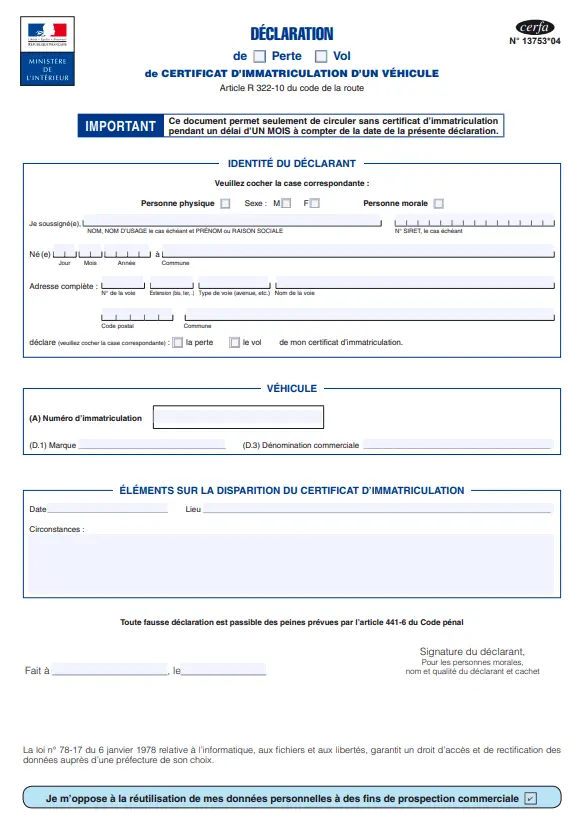 Déclaration de perte ou vol de carte grise : procédure et formulaire Cerfa officiel.