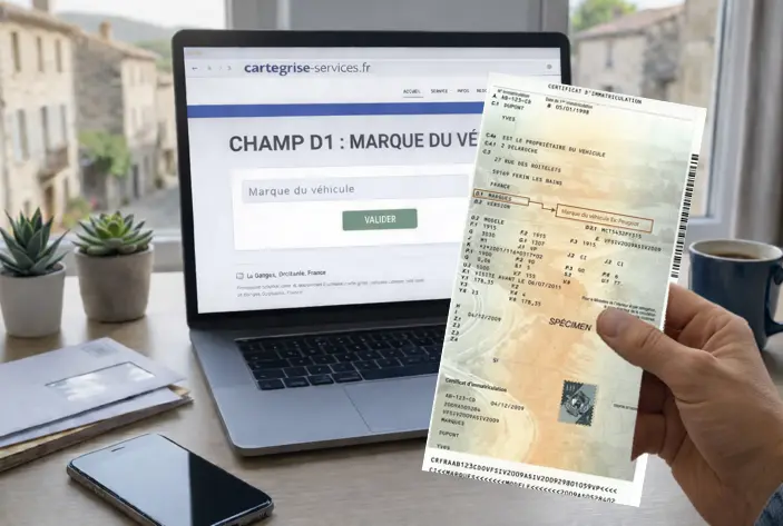 Illustration pédagogique du champ D.1 de la carte grise indiquant la marque du constructeur sur un certificat d'immatriculation.