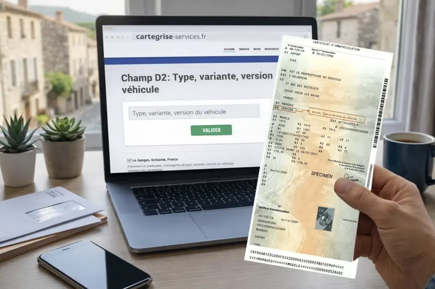 Schéma explicatif du champ D.2 de la carte grise détaillant le type, la variante et la version technique du véhicule.