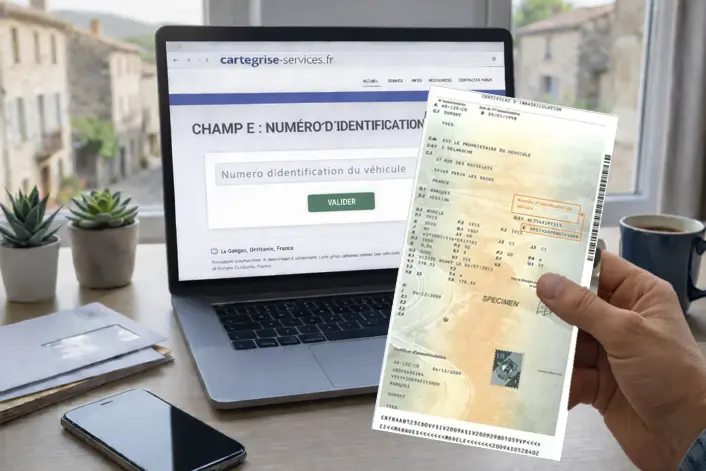 Gros plan sur le champ E du certificat d'immatriculation spécimen, indiquant le numéro de série (VIN) unique du véhicule composé de 17 caractères.