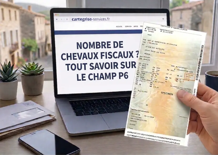 champ P6 mis en évidence devant un ordinateur affichant le site cartegrise-services.fr