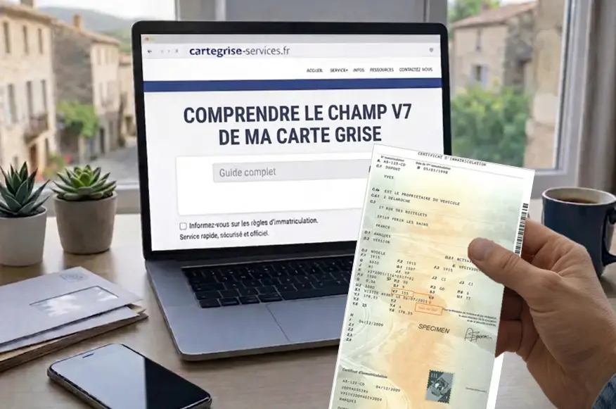 Gros plan sur le champ V.7 d'une carte grise française indiquant le taux de CO2 en g/km