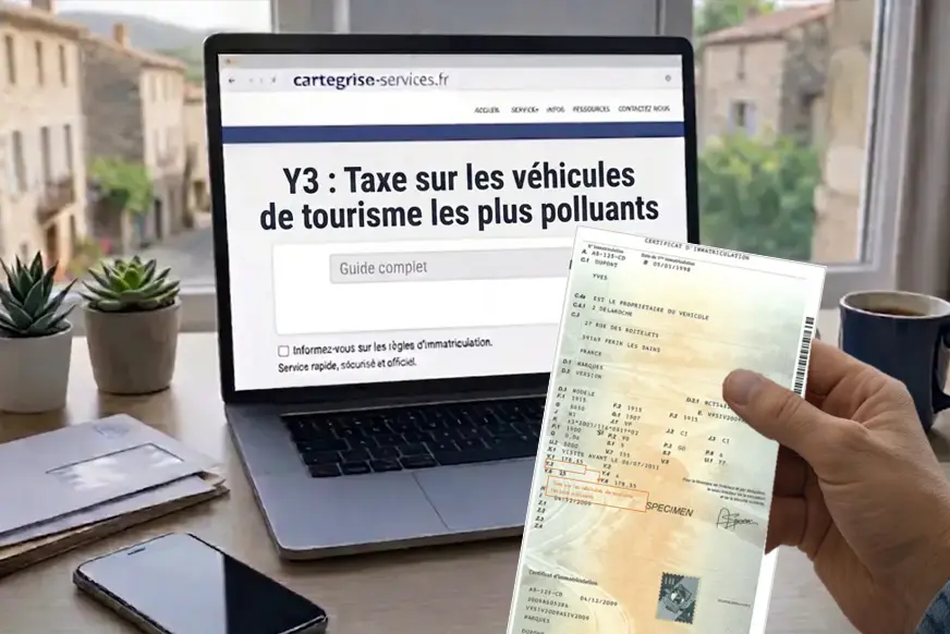 Exemple visuel du champ Y.3 indiquant le montant de la taxe CO2 sur une carte grise française.