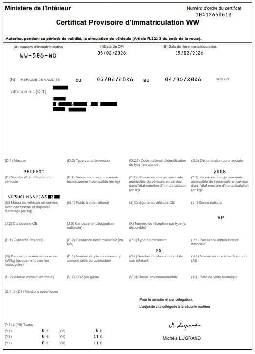 Exemple de document officiel Certificat Provisoire d'Immatriculation (CPI) pour véhicule.