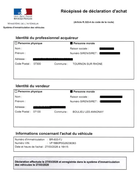 Exemple de récépissé de déclaration d'achat pour un professionnel de l'automobile.