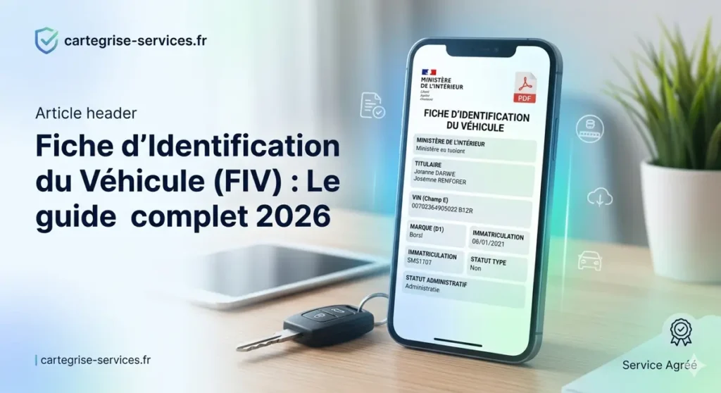 Smartphone affichant une Fiche d'Identification du Véhicule (FIV) numérique avec des clés de voiture sur un bureau.