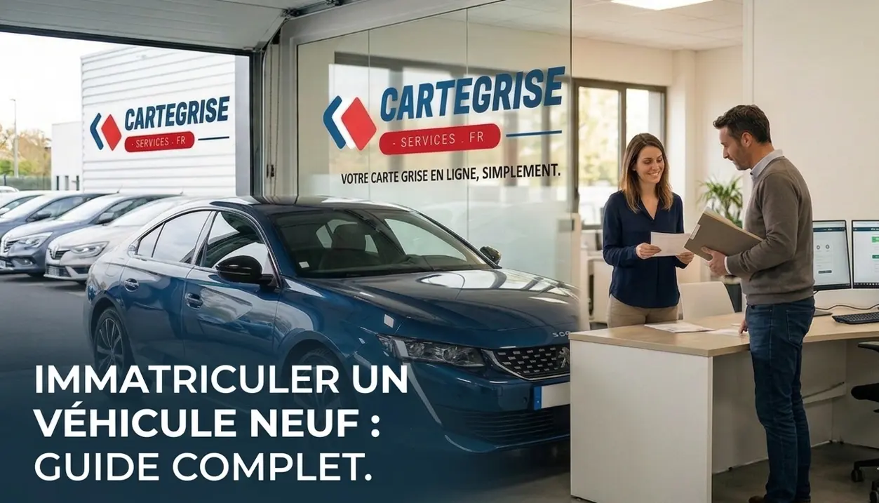 Conseiller expert chez Cartegrise-services accompagnant une cliente pour la demande de carte grise d'une voiture neuve dans un bureau.
