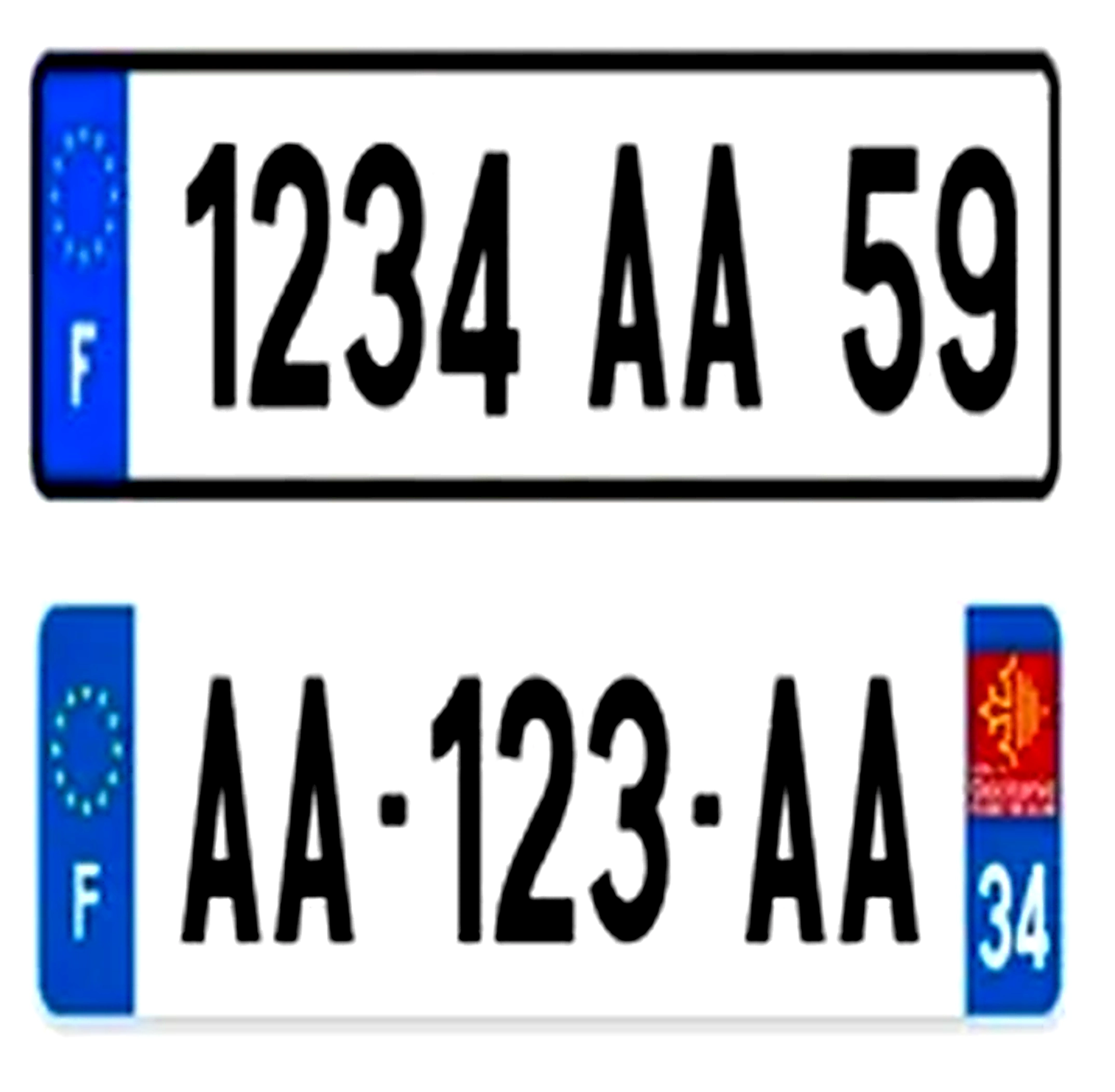 Gros plan sur une ancienne plaque d'immatriculation française format FNI (chiffres et lettres noirs sur fond blanc) à côté d'une plaque moderne SIV.