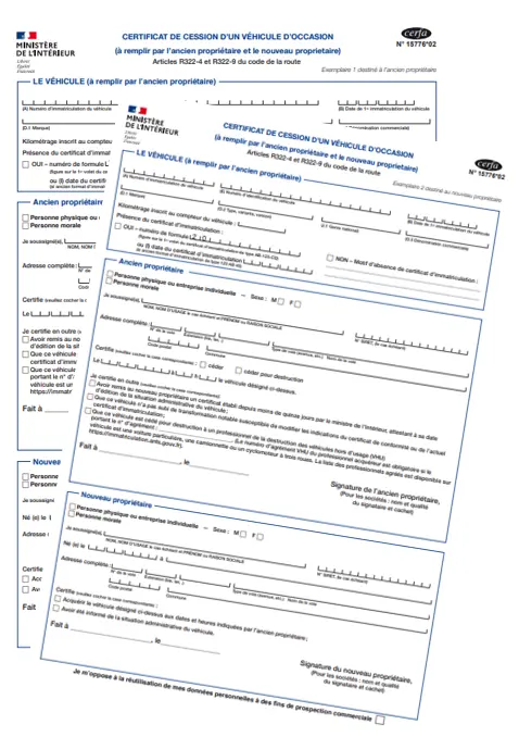 Exemple de certificat de cession Cerfa 15776 dûment rempli pour une vente de véhicule en toute sécurité.