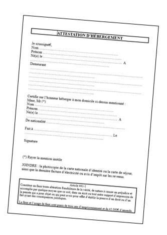 Exemple d'attestation d'hébergement manuscrite pour dossier de carte grise SIV.