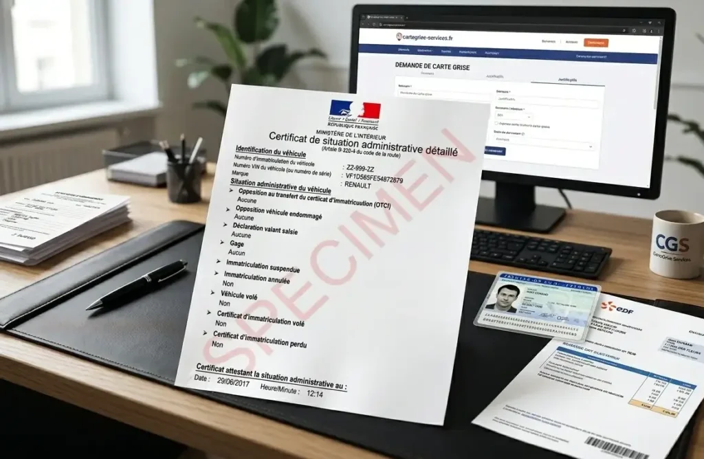 Exemplaire de certificat de situation administrative simple sans opposition pour vente de véhicule.