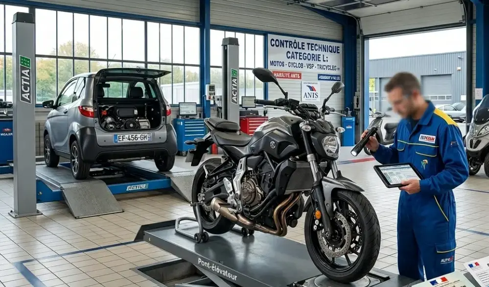 Inspecteur de contrôle technique en centre agréé vérifiant les points d'éclairage et de freinage d'une moto sur un pont spécifique.