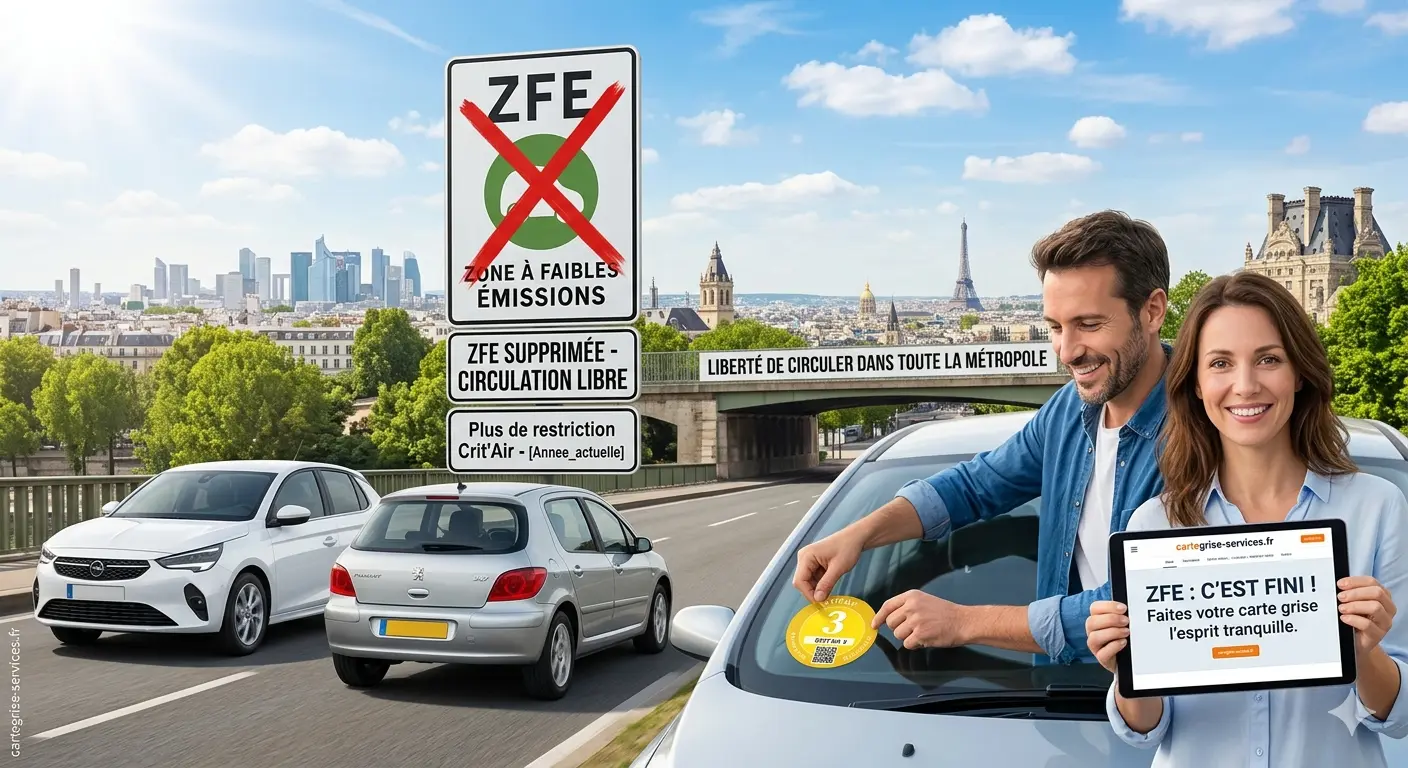 Panneau de signalisation d'entrée de Zone à Faibles Émissions (ZFE) barré ou suspendu en France.