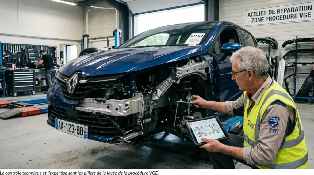 Expert automobile effectuant un contrôle de conformité pour une procédure VGE