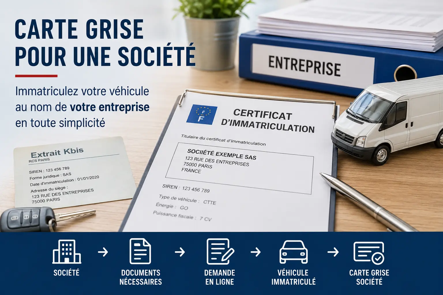 Carte grise au nom d'une société avec documents Kbis et véhicule professionnel