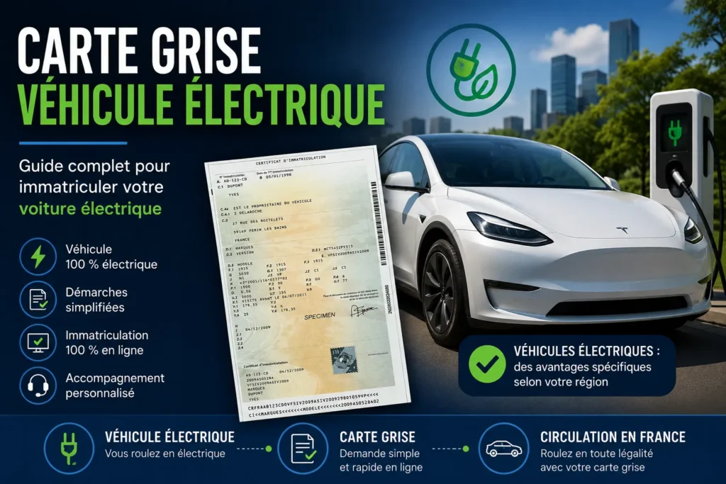 Carte grise française avec véhicule électrique en recharge et démarches d'immatriculation