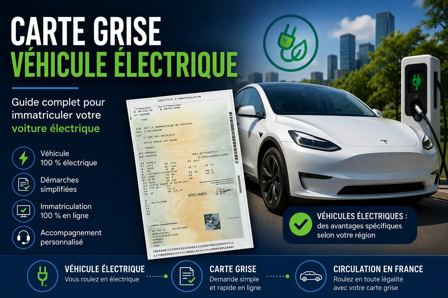 Carte grise française avec véhicule électrique en recharge et démarches d'immatriculation