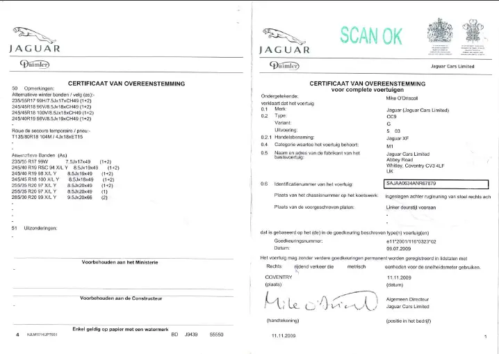 Exemplaire d'un certificat de conformité européen COC pour véhicule importé