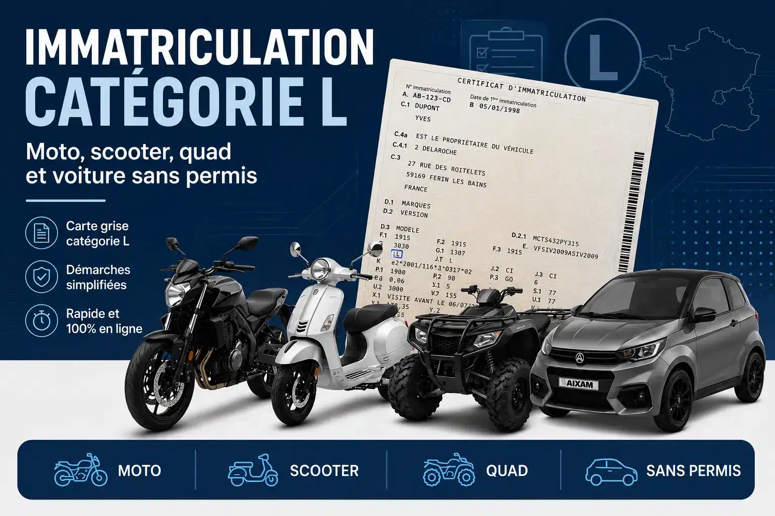 Carte grise pour véhicule de catégorie L avec moto scooter quad et voiture sans permis