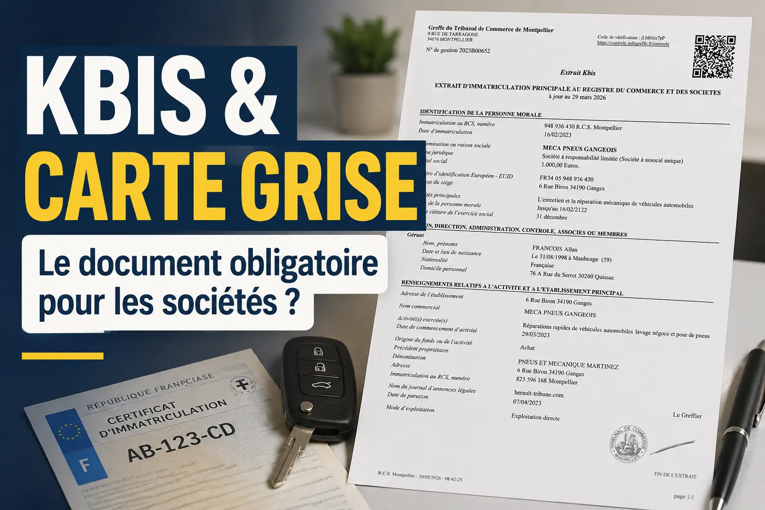 Extrait Kbis utilisé pour immatriculer un véhicule au nom d'une société lors d'une demande de carte grise