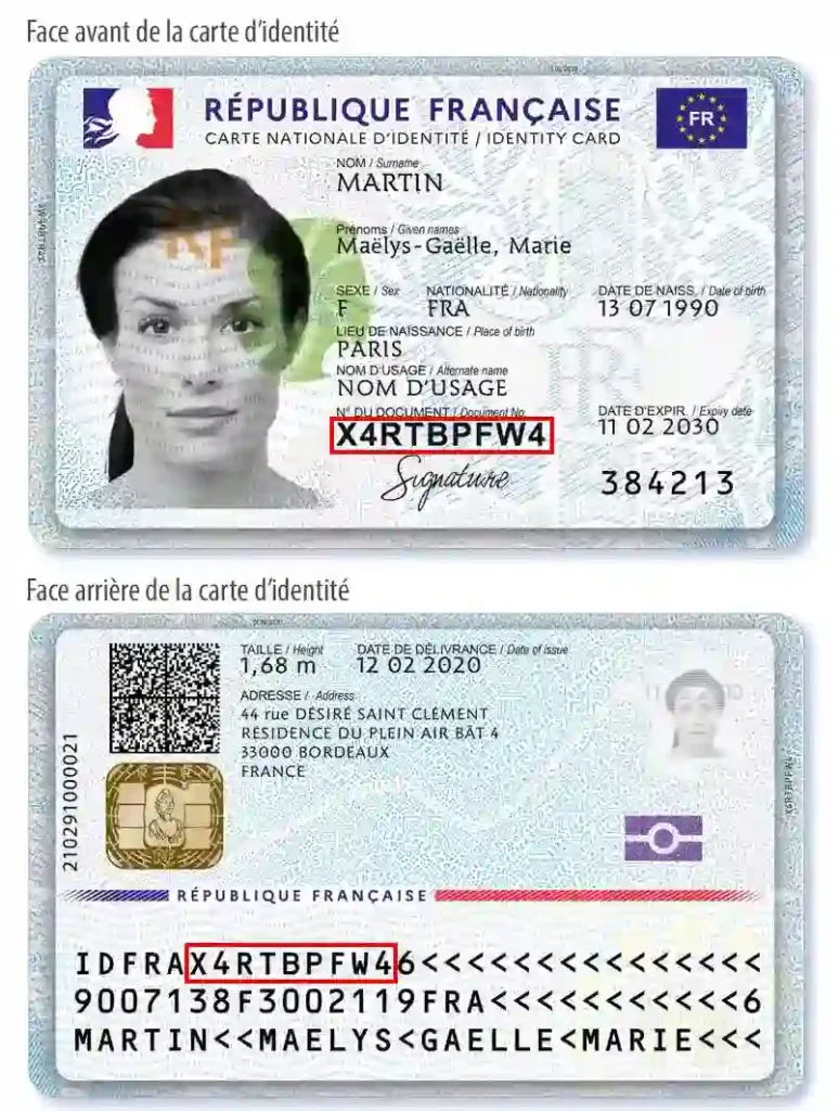 Exemple de carte nationale d'identité française acceptée comme pièce d'identité pour une demande de carte grise