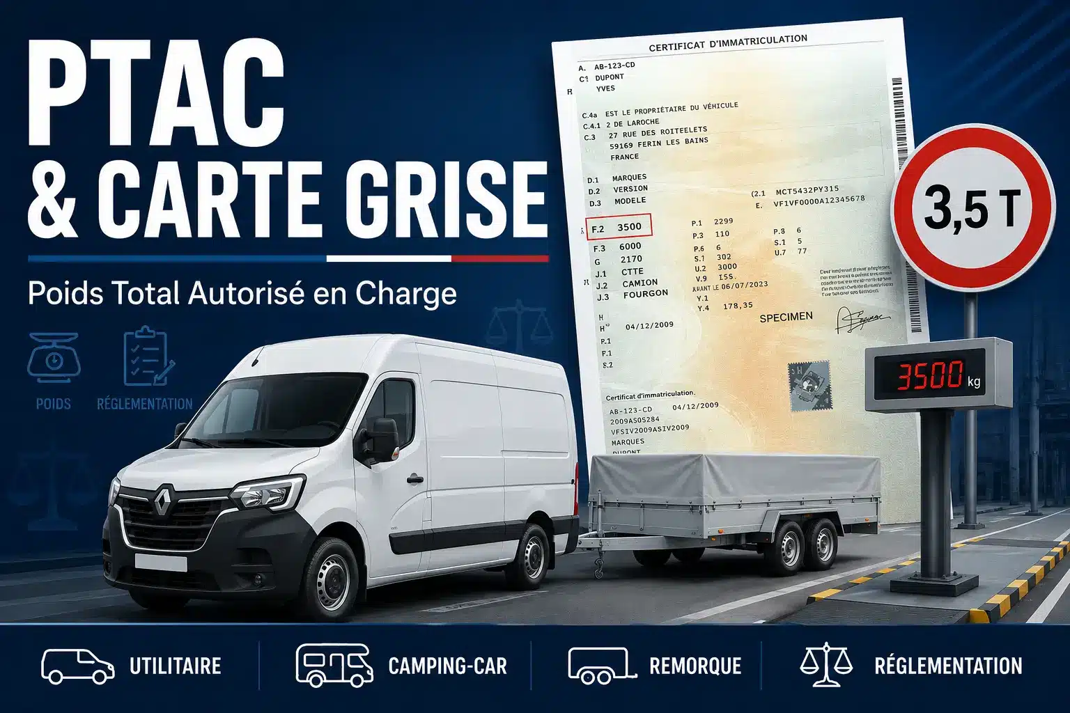 PTAC sur une carte grise avec véhicule utilitaire remorque et réglementation du poids total autorisé en charge