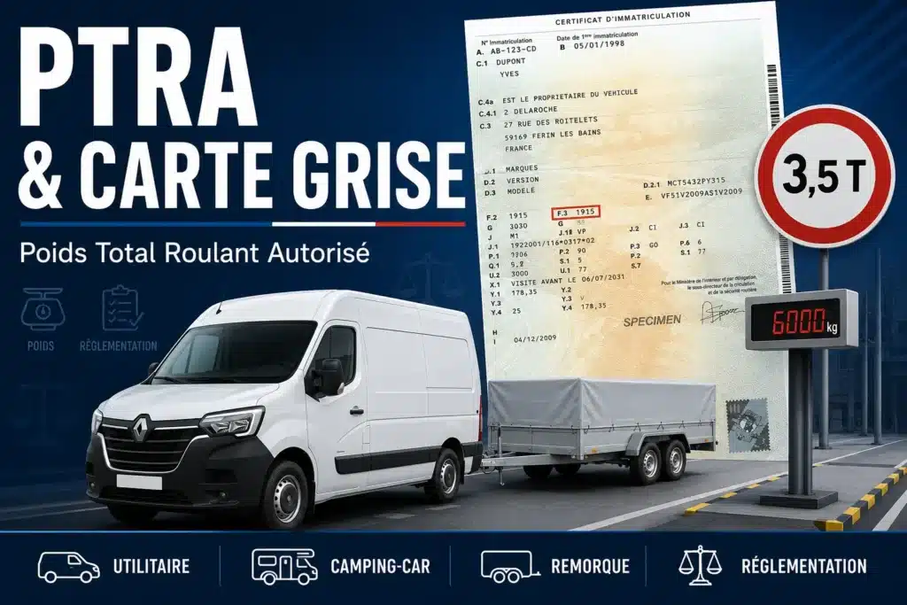 PTRA sur une carte grise avec utilitaire, remorque et indication du poids total roulant autorisé