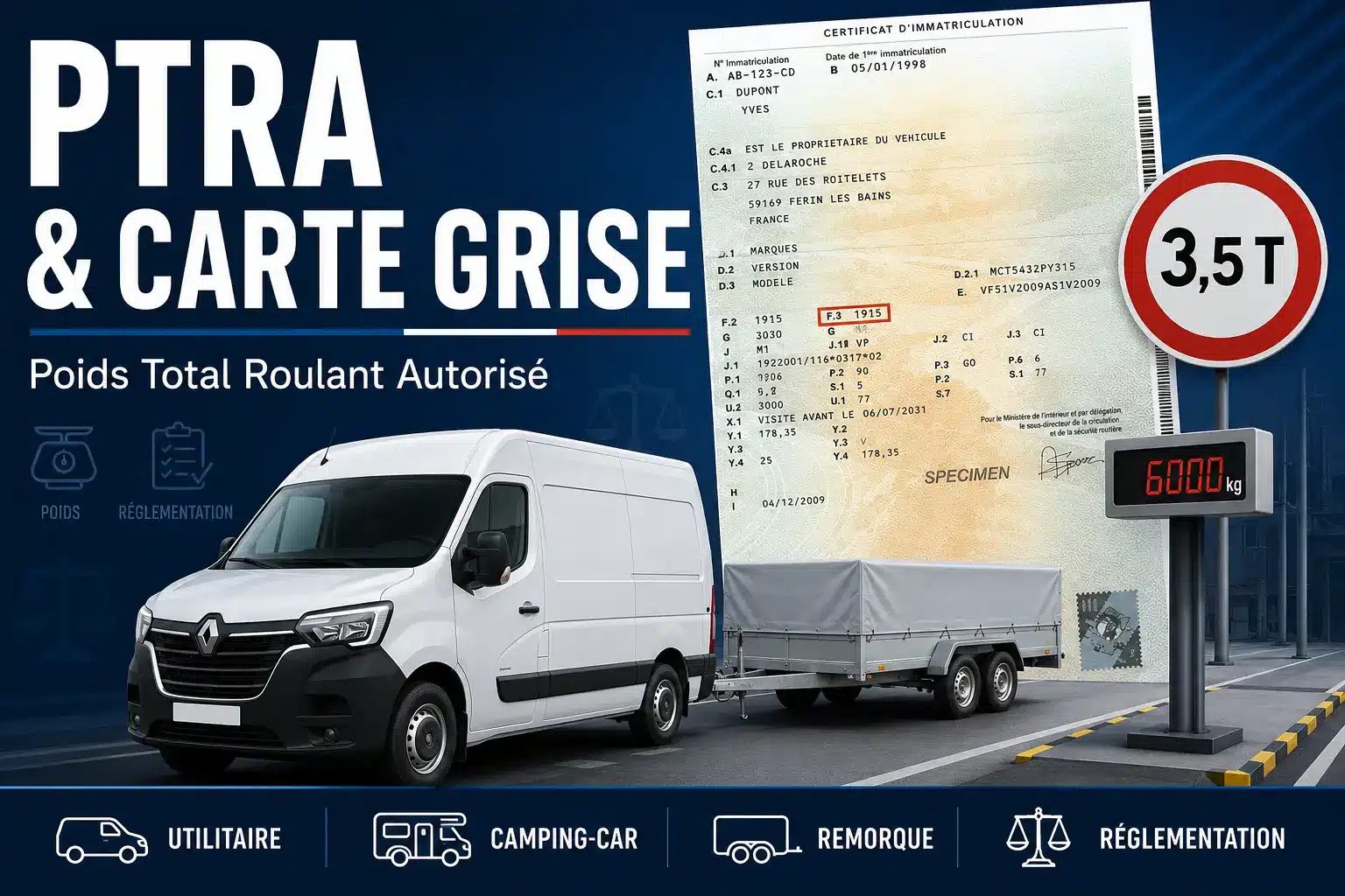 PTRA sur une carte grise avec utilitaire, remorque et indication du poids total roulant autorisé