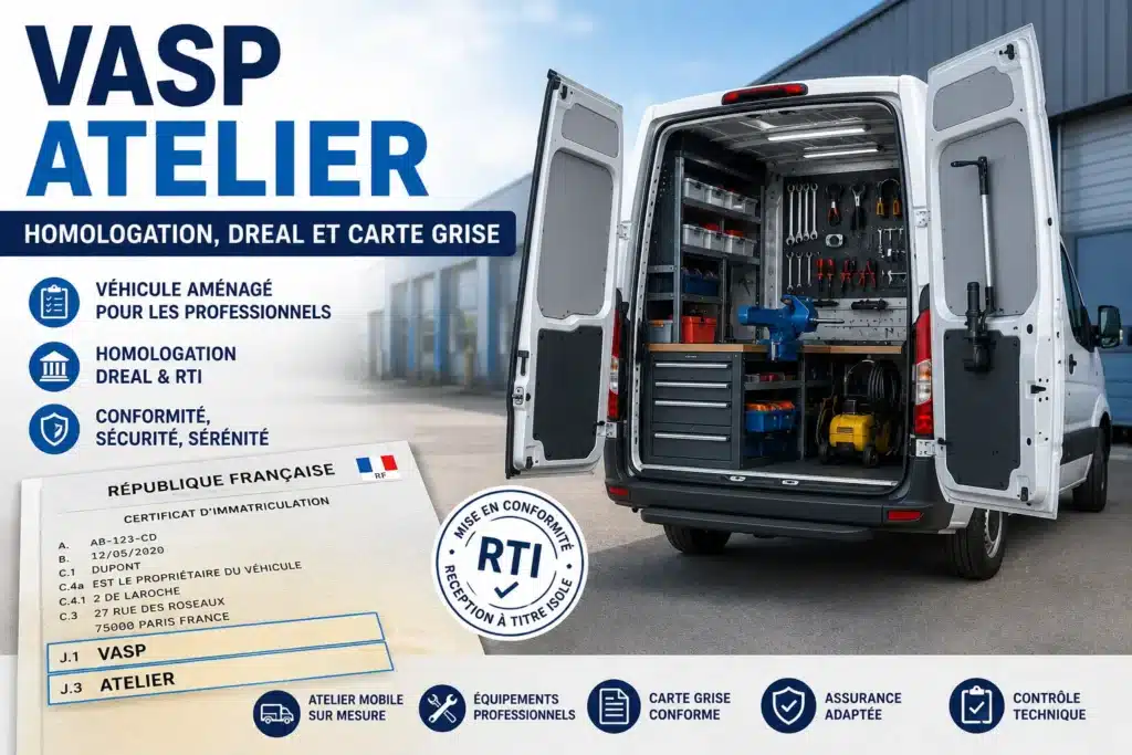 Véhicule utilitaire homologué VASP atelier avec équipements professionnels et carte grise conforme.