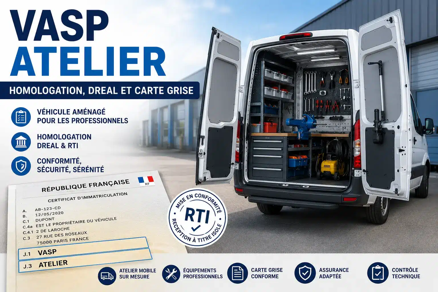 Véhicule utilitaire homologué VASP atelier avec équipements professionnels et carte grise conforme.