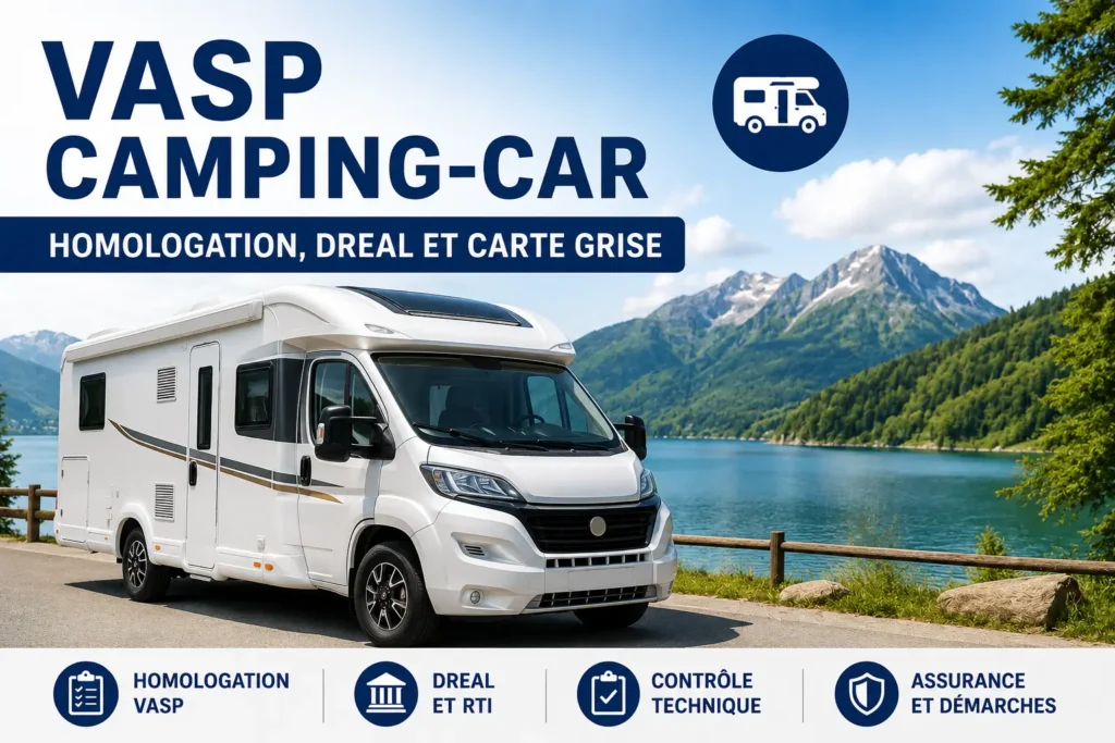 Camping-car homologué VASP avec carte grise, démarches DREAL, RTI et réglementation des véhicules de loisirs.