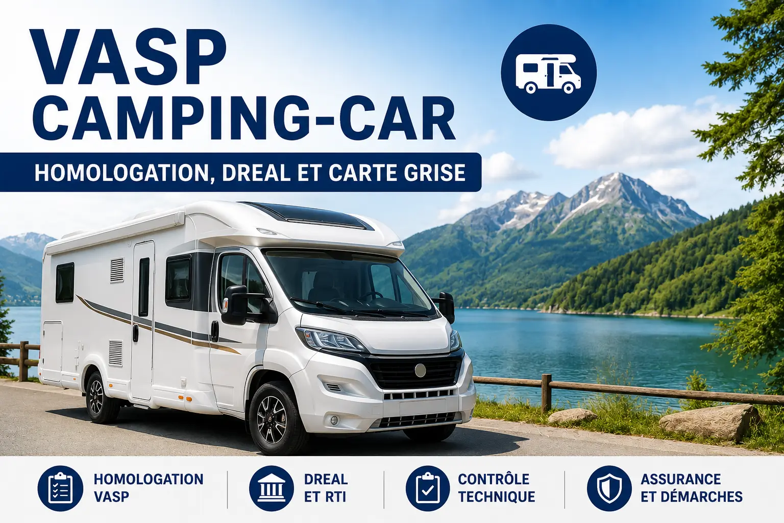 Camping-car homologué VASP avec carte grise, démarches DREAL, RTI et réglementation des véhicules de loisirs.