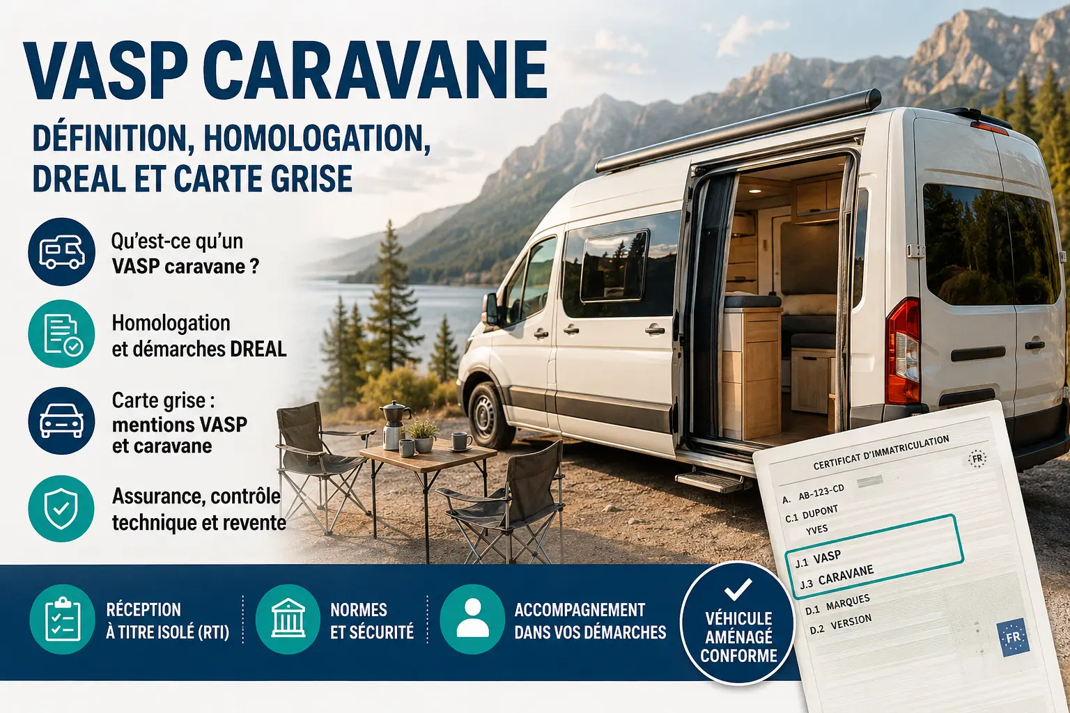 Fourgon aménagé homologué VASP caravane avec carte grise, démarches DREAL, RTI et réglementation des véhicules habitables.