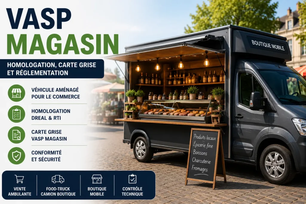 Véhicule VASP magasin aménagé pour la vente ambulante avec boutique mobile et homologation conforme.