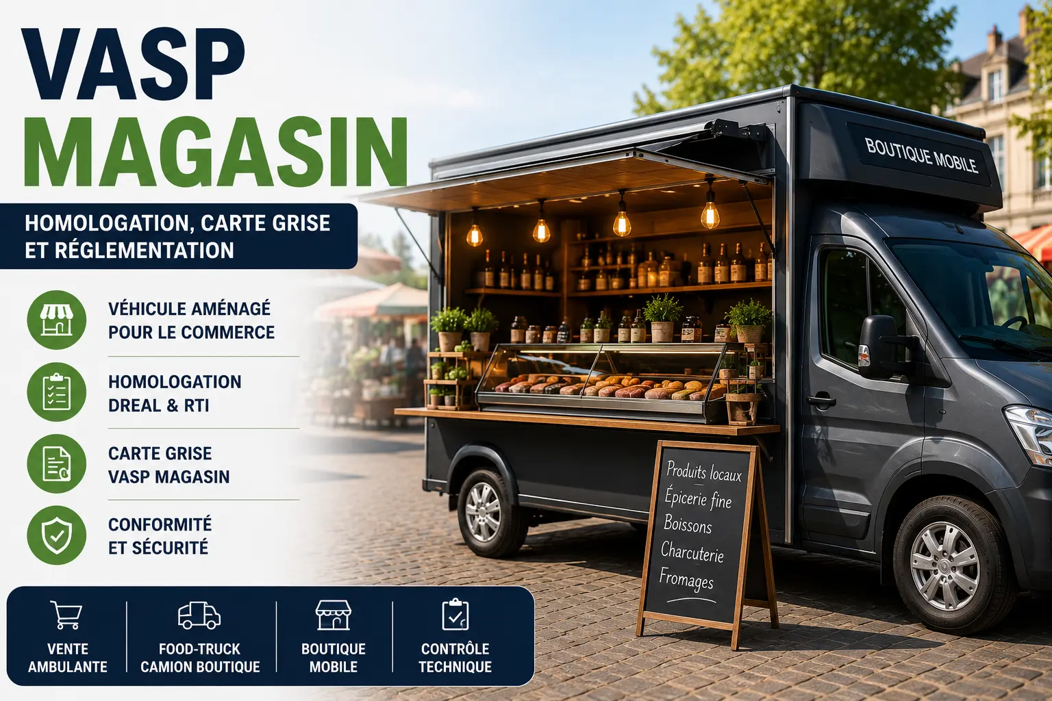 Véhicule VASP magasin aménagé pour la vente ambulante avec boutique mobile et homologation conforme.