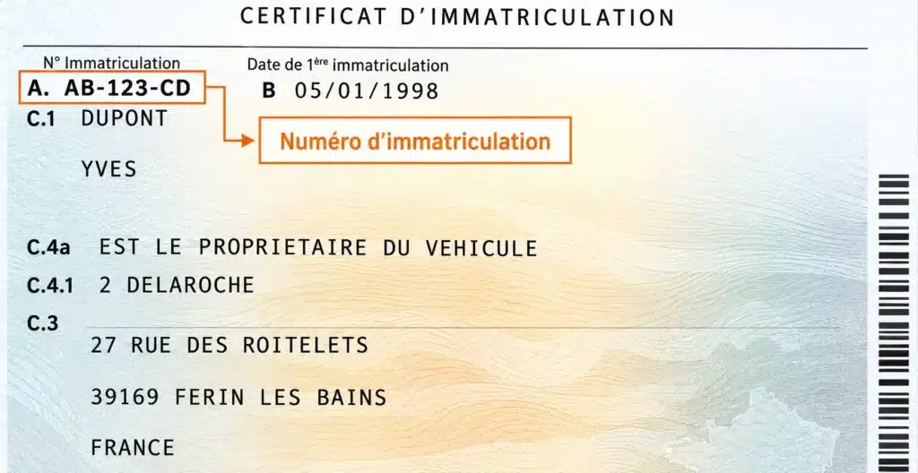 Le champ A de la carte grise indiquant le numéro d'immatriculation du véhicule.