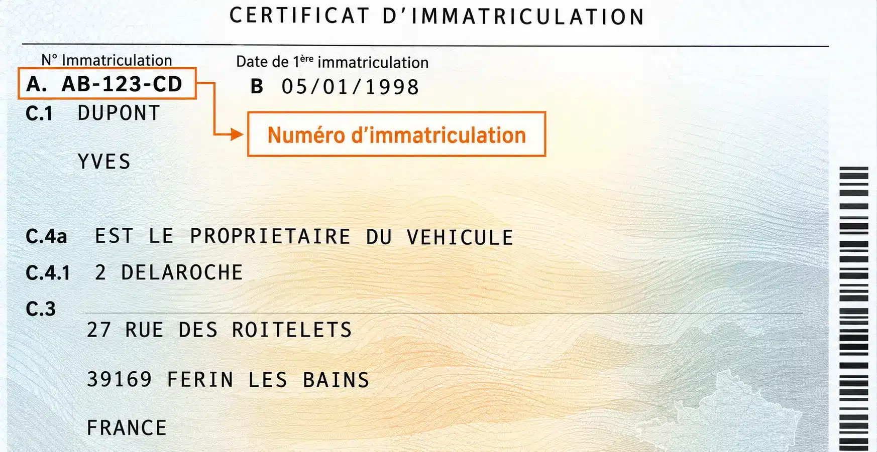 Le champ A de la carte grise indiquant le numéro d'immatriculation du véhicule.