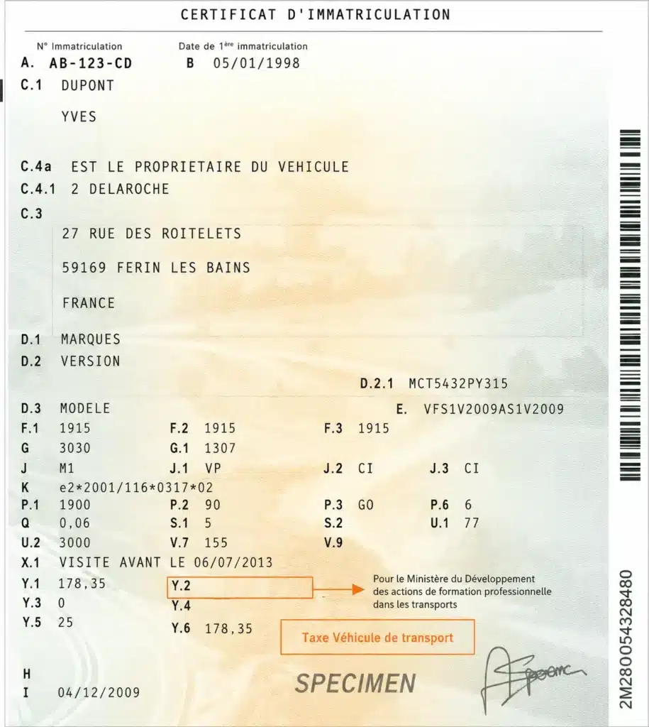 Le champ Y2 de la carte grise correspond à la taxe de formation professionnelle appliquée à certains véhicules.